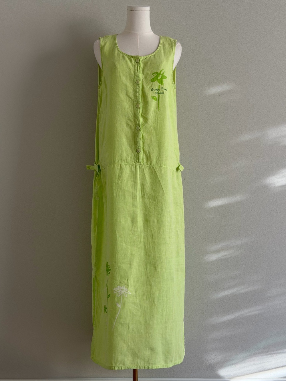 Vintage Studio Ease Linen Straight Floral Maxi Dress in Lime Green M